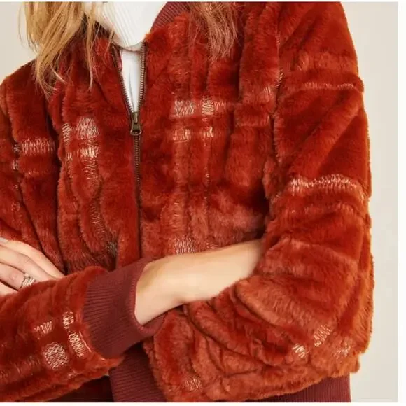 Anthropologie Faux Fur Teddy Bomber Jacket 2X NWOT Rust Plaid Coat Western
